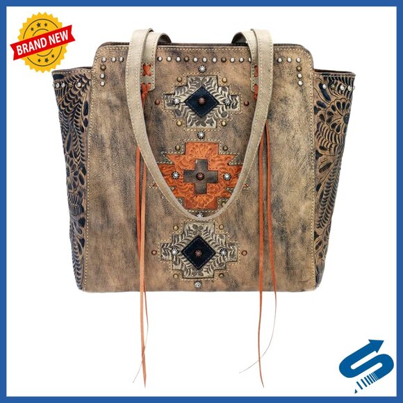 Hand Tooled Leather Zip Top Tote with Interior Pockets 11x12x4